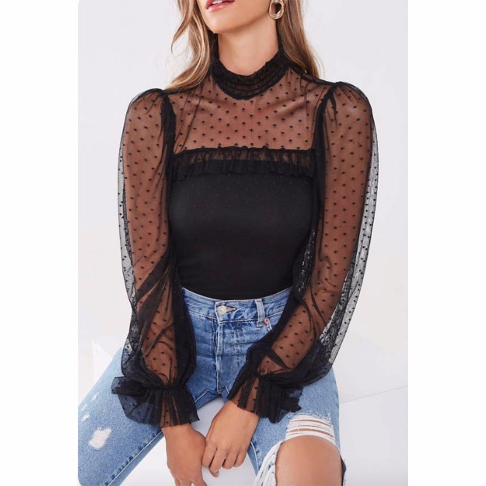 Sheer Swiss Dot Top, Black, Medium, NWT